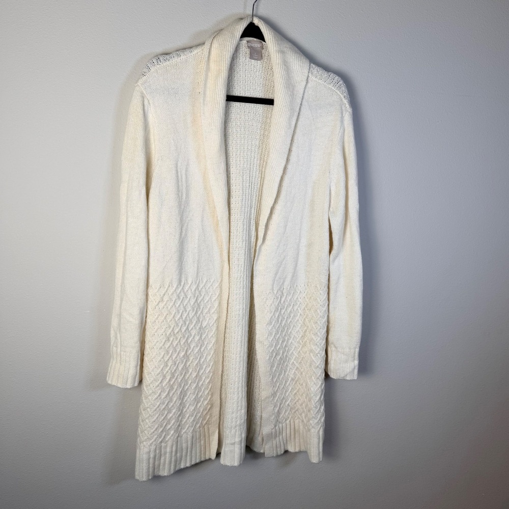 Chicos Womens 2/L Cream Cable Knit Shawl Collar Long Cardigan Sweater Duster Y2K - Picture 3 of 7